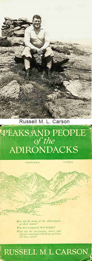 Russell M. L. Carson and his book cover Peaks and People of the Adirondacks.